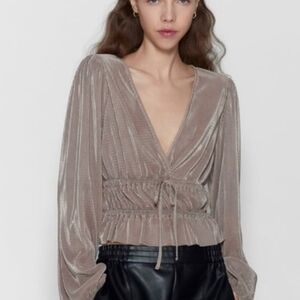 ZARA Pleated Velvet Peplum Blouse